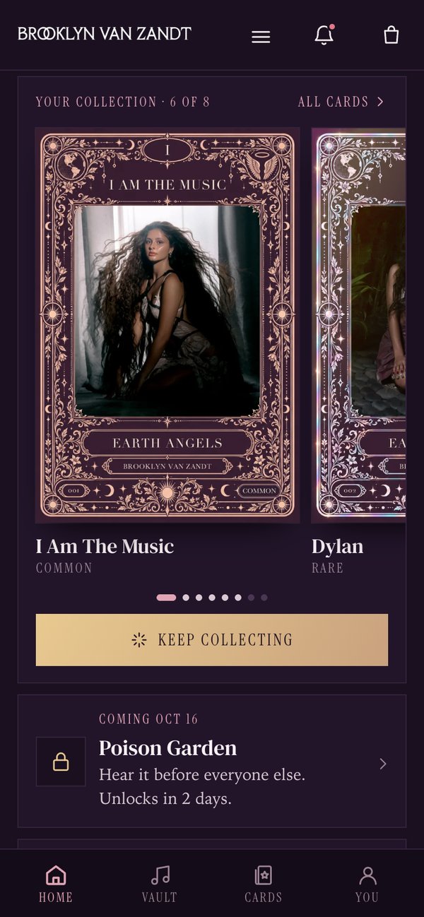 IndyHouse Fans Home: the fan's card collection in a swipeable row, and a new song unlocking soon