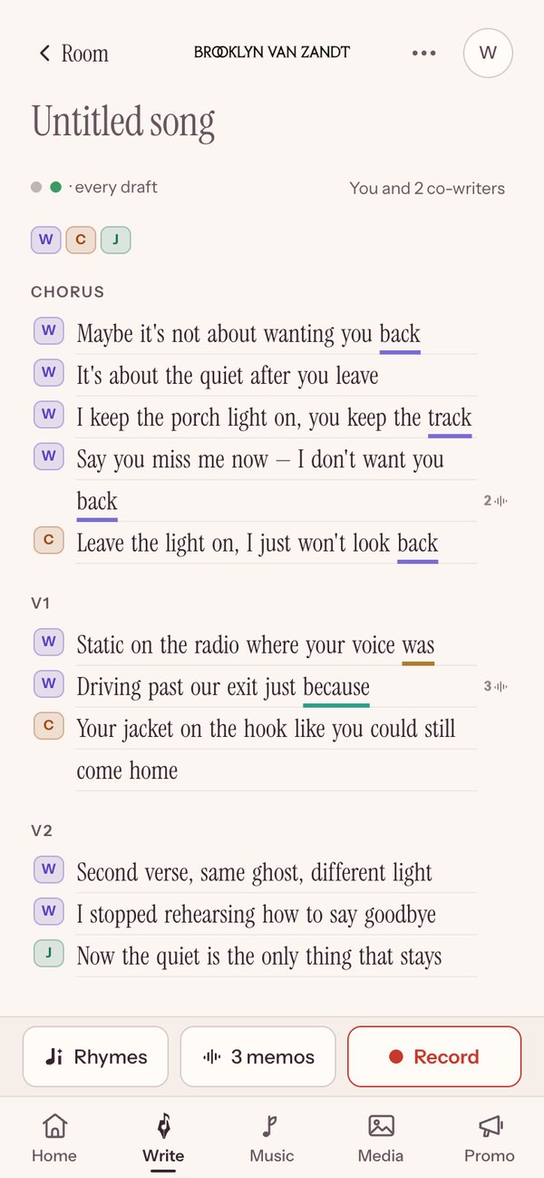 A song in the Writing Room with three writers; each line carries its writer's initial and color