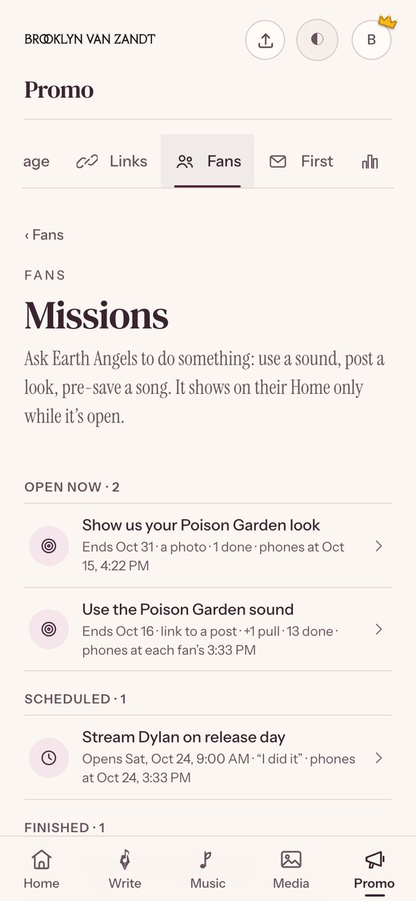 Missions in the artist's House: two open, one scheduled