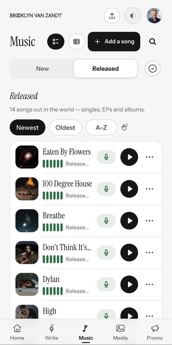 Music on the phone: released songs, newest first