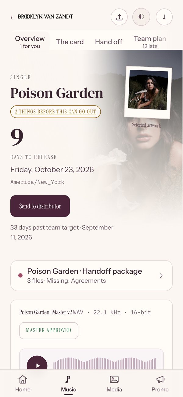 Release page: days to release, hand-off package, approved master