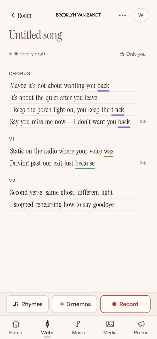 Writing Room song with rhymes underlined