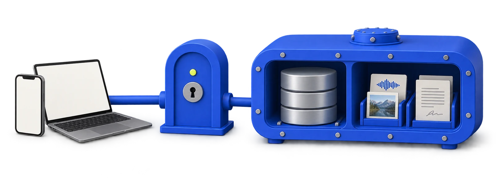 A phone and laptop connect through a locked sign-in to a vault holding a private database and files